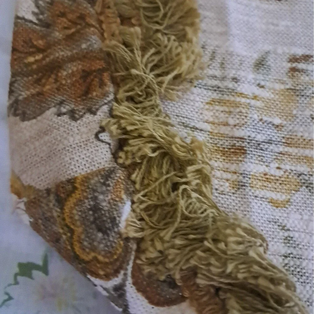 30x30 Heavy Fringed Floral Table Cover 70s Gold Green Brown Retro Vintage